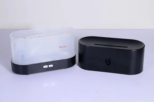 Vista 5 de Difusor de aceite esencial con efecto de llama, negro, luz LED de estado de ánimo, control de 2 botones
