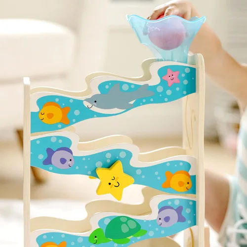 Vista 7 de Melissa & Doug Rollables Ocean Slide - Juguete de caída de pelotas de madera para bebé, 5 piezas de juguetes para bebés con temática oceánica