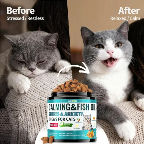 Vista 8 de Wagmee Golosinas calmantes para gatos, 500 masticables crujientes y cremosos para gatos con melatonina, manzanilla para aliviar el estrés
