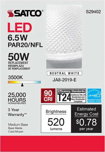 Vista 6 de Satco S29402 - Bombilla LED PAR20 de 6,5 W y 120 voltios; luz blanca neutra de 3500 K; ángulo de haz de 25 grados; base media E26; regulable