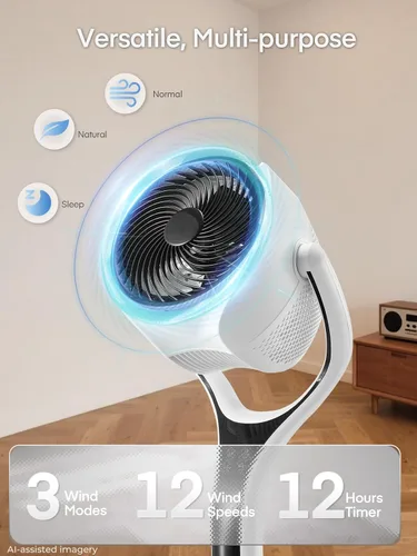 Vista 4 de FOHERE Ventilador de suelo, ventilador de pedestal oscilante de 120°, ventilador inteligente silencioso con luz LED, altura ajustable de 27-46