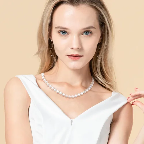 Vista 3 de Collar de perlas de concha para mujer con perlas cultivadas redondas blancas de agua dulce de calidad AAA+, cierre de plata de ley 925 chapado