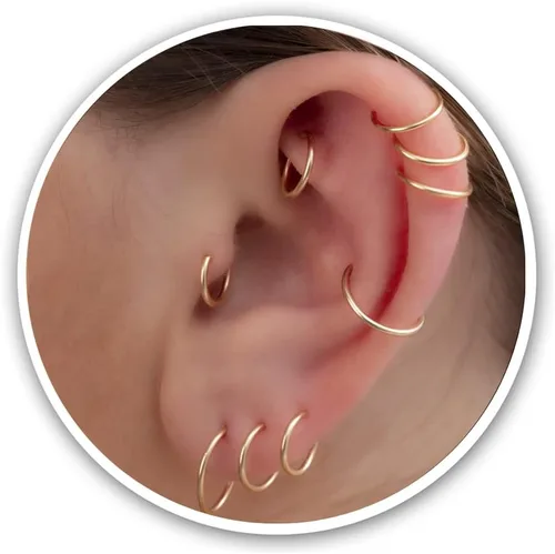 Vista 24 de Aretes de aro de oro de plata – Aretes de aro para mujer, dos piezas de aros de plata fina rellenos de oro, aro de hélice, anillo de tragus, aro