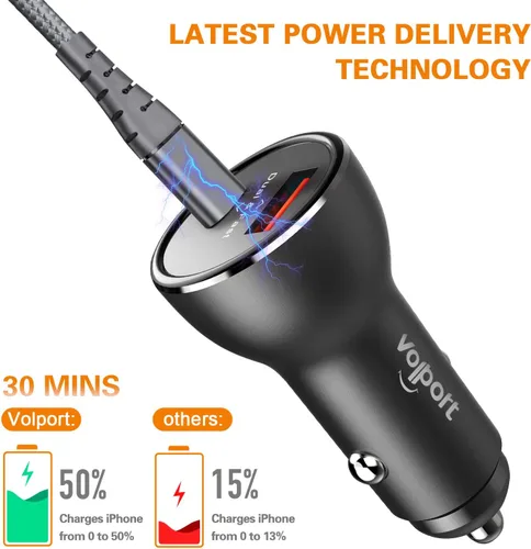 Vista 2 de PD Fast Charging Car Charger with MFi Certified USB C Lightning Cable Carplay Cord 3.3ft, VOLPORT Auto Quick Adapter 39W Car Charger Power Delivery