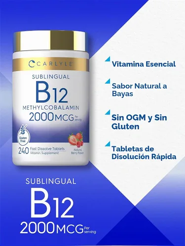 Vista 4 de Carlyle B12 Vitamina 2000 mcg 240 tabletas de disolución rápida Metilcobalamina sublingual Sabor a bayas Suplemento vegetariano, sin OMG