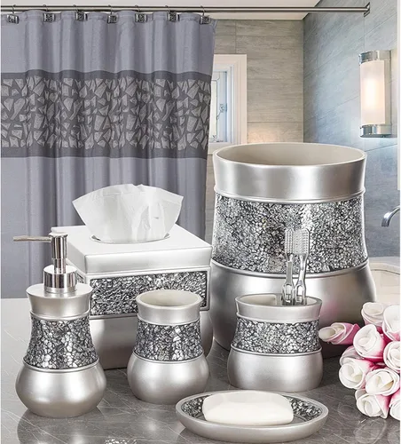 Vista 2 de Juego de accesorios de baño plateado completo de 6 piezas de vidrio agrietado