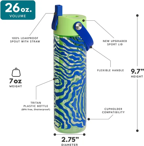 Vista 2 de Elemental Botella de agua Splash con pajilla, botella de agua reutilizable de plástico Tritan sin BPA con correa, ideal para viajes, gimnasio