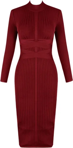 Vista 3 de whoinshop - Vestido de fiesta para mujer, de tela acanalada ceñida con correas cruzadas en la cintura, manga larga, a media pierna, entallado
