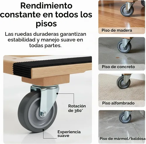 Vista 5 de Mueble Dolly 4 ruedas resistente Dolly móvil plano H marco roble Banda de goma de longitud completa doble riel 18 x 30