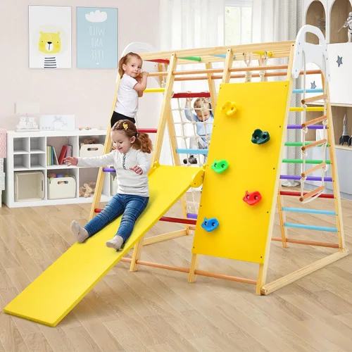 Vista 2 de GLACER 8 en 1 Jungle Gym, gimnasio de escalada interior de madera con tobogán, columpio Colorido