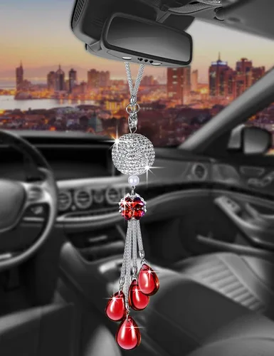 Vista 12 de Glamorosa decoración colgante de espejo de coche con cabeza de zorro azul oscuro, adorno de automóvil con temática animal para mujeres y hombres
