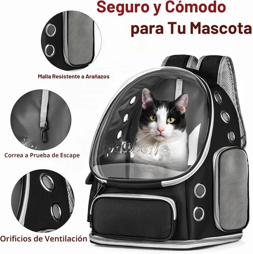 Vista 3 de Mochila Transportadora para gatos con ventana de burbujas de espacio grande, aprobada por aerolíneas, transportadora transpirable para mascotas