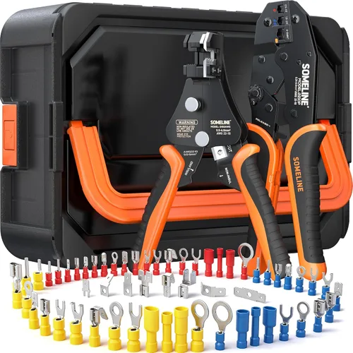 Vista 11 de SOMELINE Kit de herramientas de prensado de conectores eléctricos, crimpadora de terminales de trinquete 22-10 AWG, con conectores aislados a tope
