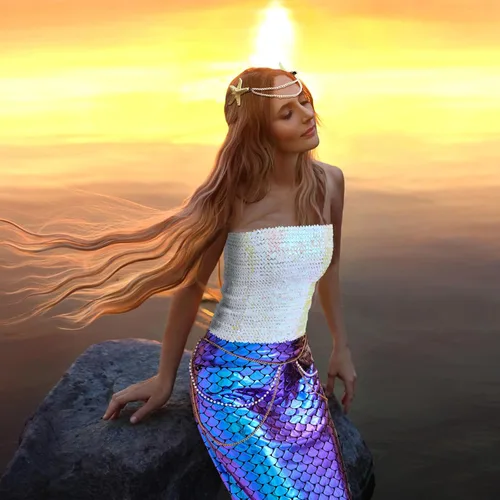 Vista 7 de Newcotte 4 Pcs Mermaid Costume for Women Sequin Tube Top Skirt Pearl Waist and Head Chain for Halloween Cosplay
