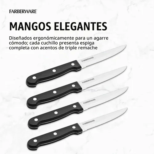 Vista 5 de Farberware Juego de cuchillos para carne de acero inoxidable con remaches de espiga completa, 4 piezas, color negro
