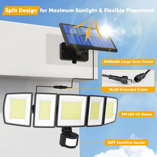 Vista 2 de MDCMDCM Luces solares de movimiento para exteriores, con cable de 16.4 pies, luces LED de seguridad de 3000 lm para exteriores del atardecer al