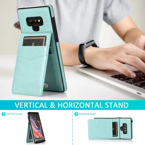 Vista 3 de Funda tipo cartera de piel verde para Samsung Galaxy Note 9 con protector de vidrio templado, tarjetero y función atril