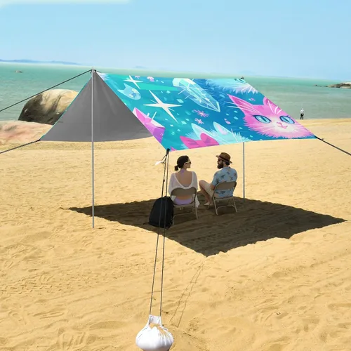 Vista 7 de Pink Blue Cats Foldable Beach Canopy UPF50+ Protection Waterproof Large Sun Shade with Carrying Bag for Camping, Fishing, Backyard Fun