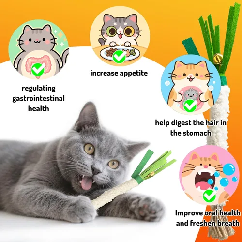Vista 5 de Palillo masticable Catnip 4 piezas con cuerda de algodón envuelta – Juguete natural para el cuidado dental para la limpieza de los dientes