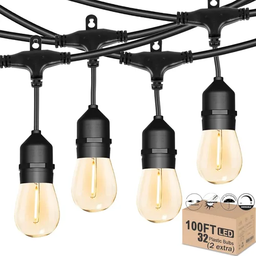 Vista 10 de Luces de Cadena para Patio Exterior de 26 Pies IP65 Impermeables Luces de Cadena Exteriores LED con 13+1 Bombillas S14 1W Irrompibles para Patio