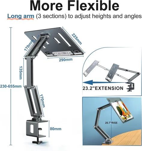 Vista 3 de Soporte para computadora portátil para escritorio, soporte de brazo para tableta con rotación de 360°, bandeja de aluminio ajustable para laptop