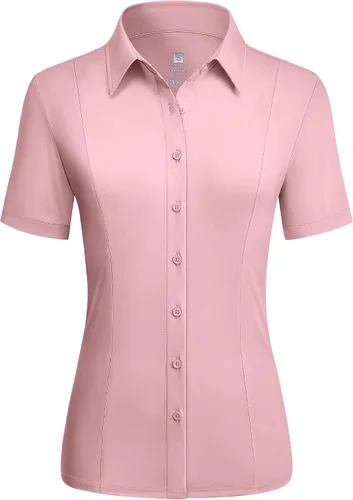 Vista 14 de Camisas con botones para mujer, elásticas, de manga corta, con cuello, sin arrugas, básica, de negocios, blusa de trabajo