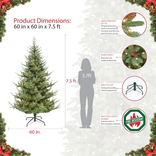 Vista 5 de Puleo International Árbol de Navidad artificial de abeto preiluminado de 7.5 pies con 450 luces, color verde