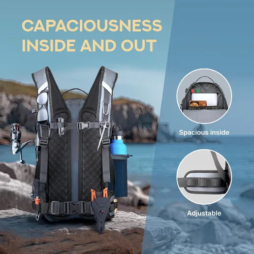Vista 6 de Xelfly - Mochila de pesca impermeable con soporte para caña, válvula de aire inflable, correas acolchadas para la cintura y bucles para engranajes
