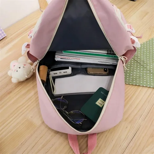 Vista 6 de Juego de 5 mochilas kawaii con colgante de oso y alfileres, suministros de regreso a clases, kit de bolsa de conejito de retazos (azul), Azul