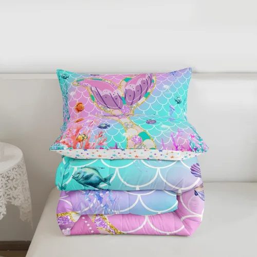 Vista 7 de Erosebridal Juego de edredón tamaño individual para niñas, juegos de ropa de cama de sirena para niñas y niños pequeños, edredón de escamas de peces