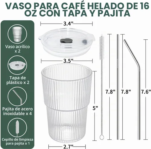 Vista 3 de HIGIINC Tazas de café helado con tapas y pajitas 2 piezas, juego de 16 OZ de vasos irrompibles para beber, vasos de plástico transparente
