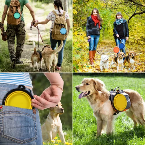 Vista 5 de ME.FAN Tazón plegable para perros para viajes (12 onzas), paquete de 6 cuencos portátiles para mascotas con mosquetones, plegable, expandible
