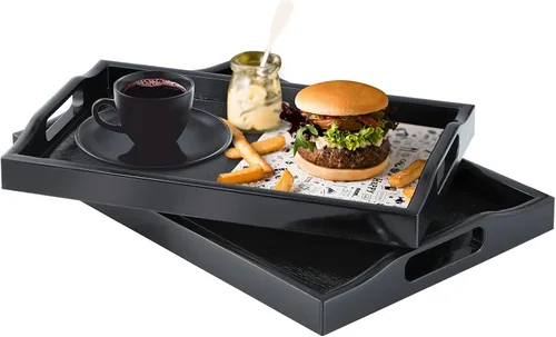Vista 2 de MDLUU Juego de 2 bandejas de plástico para servir, bandeja otomana con asas recortadas, bandeja rectangular para mayordomo para desayuno en la cama