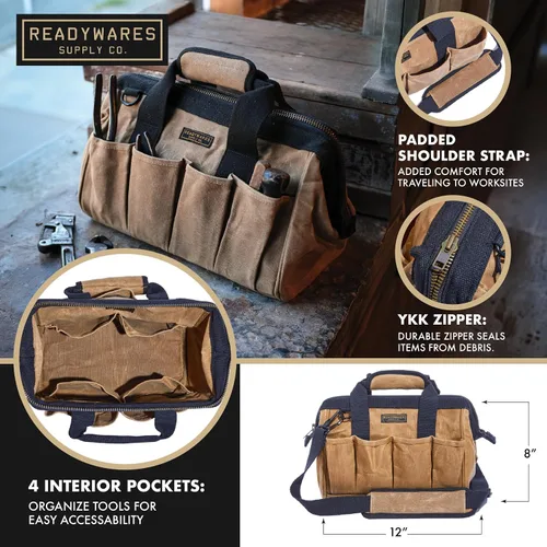 Vista 2 de Readywares Bolsa de herramientas, bolsa de lona encerada resistente para equipo, herramientas, suministros y equipamiento (30 cm, marrón)