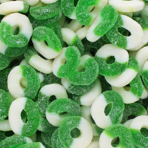 Vista 4 de Coronas de gomitas navideñas - Dulces navideños de gomitas, anillos de goma recubiertos de azúcar rojo, verde y blanco festivos de Queen City Candy