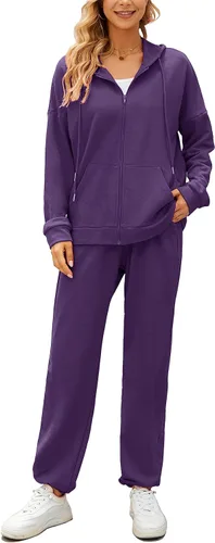 Vista 2 de AUXDIO Conjunto deportivo de 2 piezas para mujer, casual, con cremallera, sudadera con capucha y pantalón largo