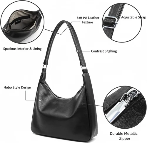 Vista 3 de Bolsos Hobo holgados para mujer, de cuero vegano, bolso de hombro marrón para uso diario, bolso cruzado diario