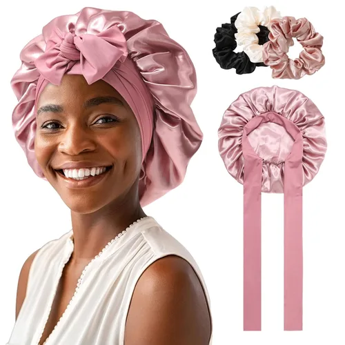 Vista 8 de Gorro de satén para mujer, con banda de amarre para el cabello, para dormir, grande de 2 capas, gorro de dormir de seda para dormir con 3 coleteros