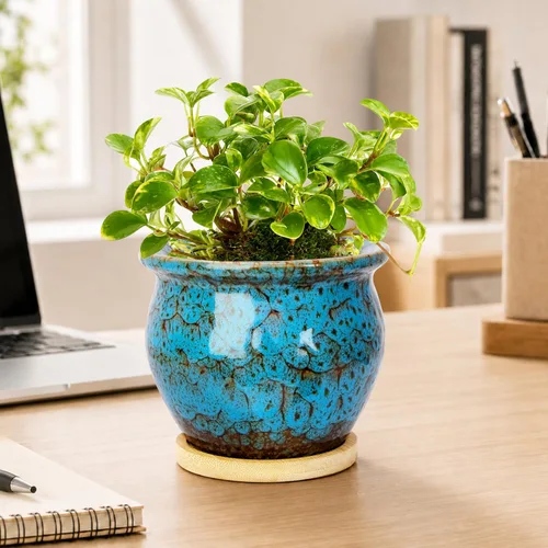 Vista 4 de ARTKETTY Macetas, macetas de cerámica de 4.5 pulgadas para plantas con drenaje, macetas pequeñas Azul