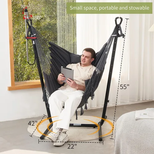Vista 11 de Hamaca con soporte y soporte para teléfono incluido Silla colgante doble de macramé estilo boho hecha a mano, columpio ajustable para interiores