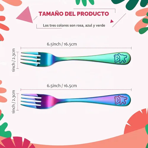 Vista 2 de Minatee Juego de cubiertos de 6 tenedores de arco iris para niños pequeños, cubiertos pequeños de grado alimenticio, cubiertos de acero inoxidable