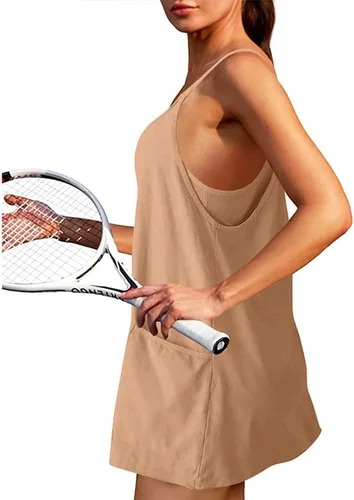 Vista 5 de Mini vestido de verano para tenis con pantalones cortos y bolsillos, vestidos de golf con pantalones cortos, sin mangas, tirantes delgados, vestido
