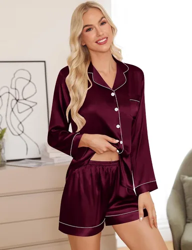 Vista 2 de SWOMOG Womens 2 PCS 3 PCS Pajamas Set Silk Satin Long Sleeve Sleepwear Button Down Loungewear Pjs Nightwear