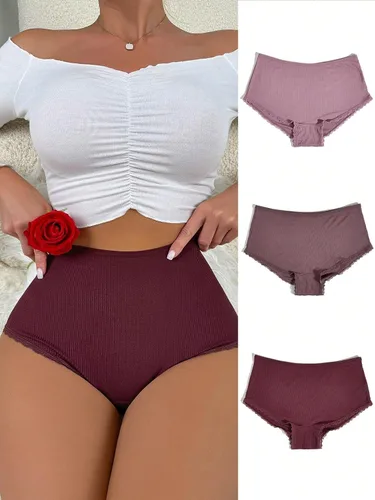 Vista 4 de OYOANGLE Ropa interior de 3 piezas de cintura alta para mujer con ribete de encaje festoneado