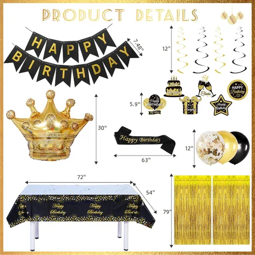 Vista 4 de Decoraciones de cumpleaños en negro y dorado para hombres y mujeres, decoraciones de fiesta en negro y dorado incluyen corona, remolinos colgantes