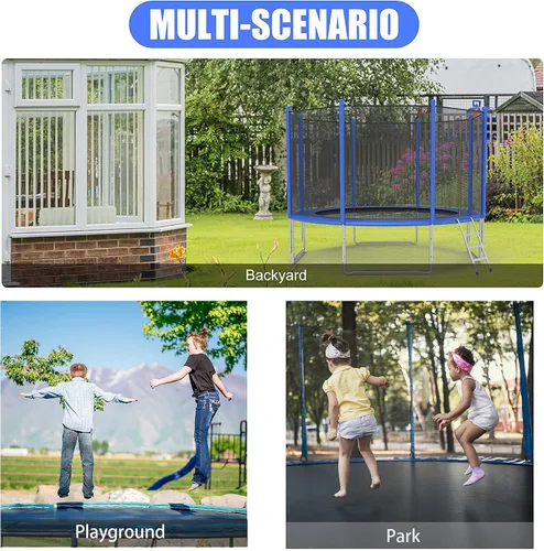 Vista 7 de TRY & DO Trampolín de 10 pies y 12 pies para niños y adultos – Trampolín recreativo al aire libre con red de recinto y escalera y almohadilla