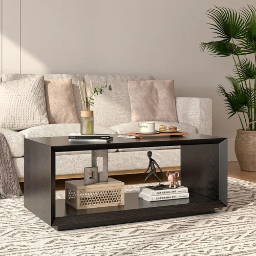 Vista 3 de Mesa auxiliar con almacenamiento, moderna de mediados de siglo, mesa rectangular de té de cóctel, mesa de centro de madera de granja para sala
