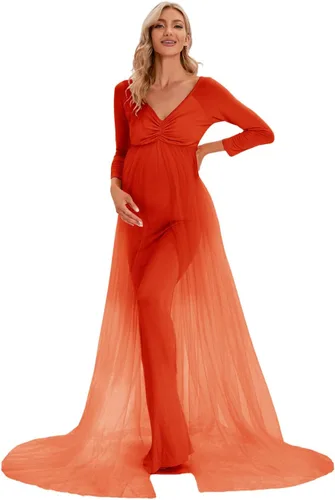 Vista 3 de ZIUMUDY Vestido de maternidad de tul con hombros descubiertos para sesión de fotos, vestido de fotografía ajustado de manga larga para baby shower