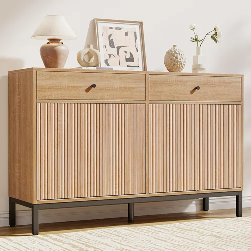 Vista 17 de Mericonia Aparador Buffet Gabinete Almacenamiento, Consola de madera moderna acanalada Credenza