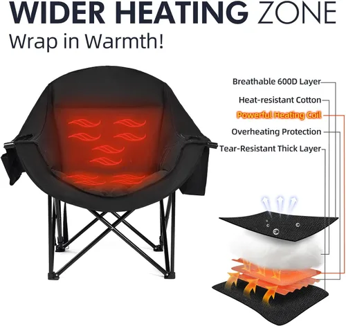 Vista 3 de Silla de camping de gran tamaño con calefacción, resistente, acolchada Negro (Allblack)